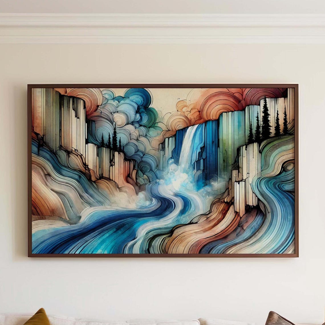 Colorful Abstract Waterfall Canyon Landscape Modern Art Poster