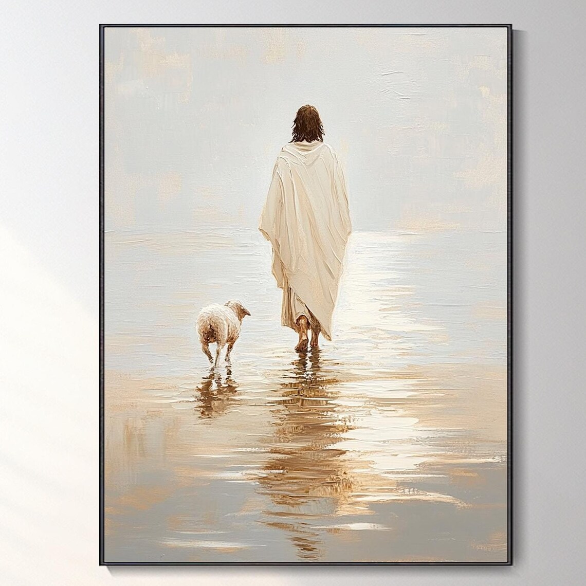Jesus Walking on Water With Lamb Inspirational Minimalist Religious Painting Poster