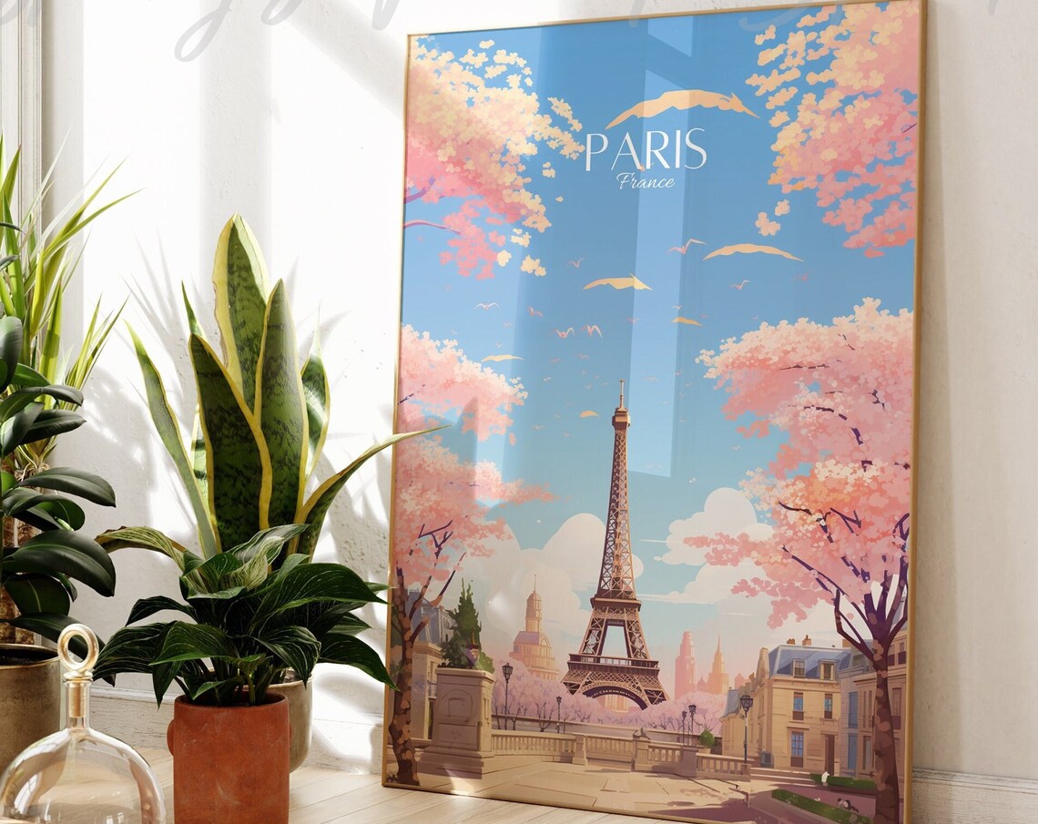 Paris Eiffel Tower Pink Blossom Skyline France Travel Art Poster