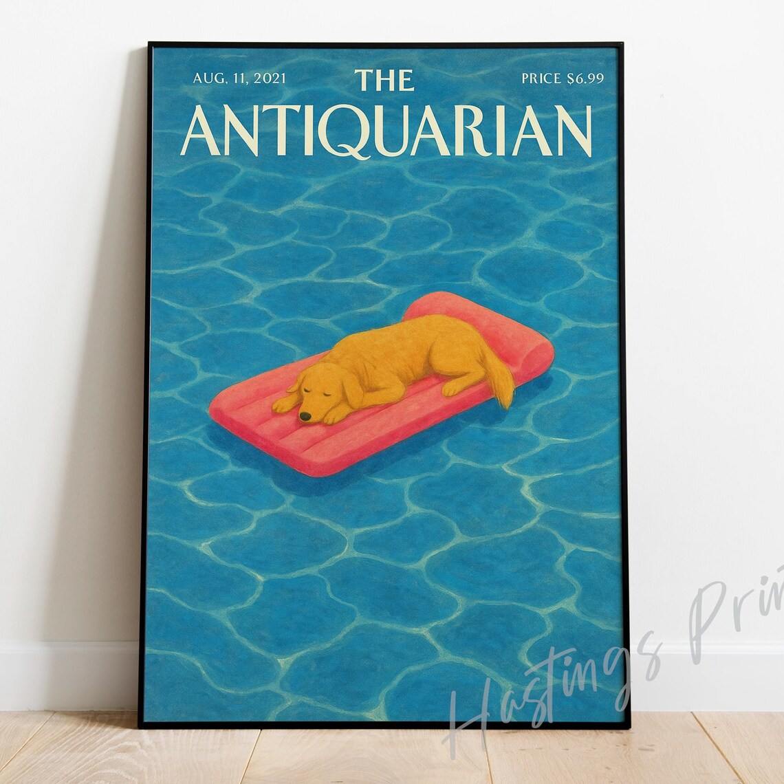 The Antiquarian Golden Dog Sleeping Pool Float Summer Magazine Cover Poster