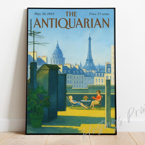 New Yorker Style Vintage Magazine Cover The Antiquarian Collectible Print Midnight Blue Skyline