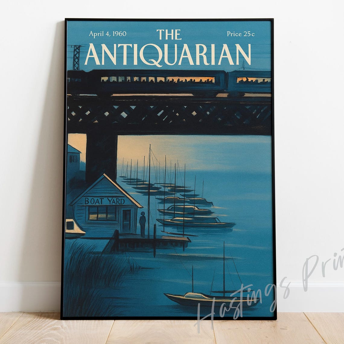 The Antiquarian 1960 Boat Yard Harbor Bridge Magazine Cover Art Poster