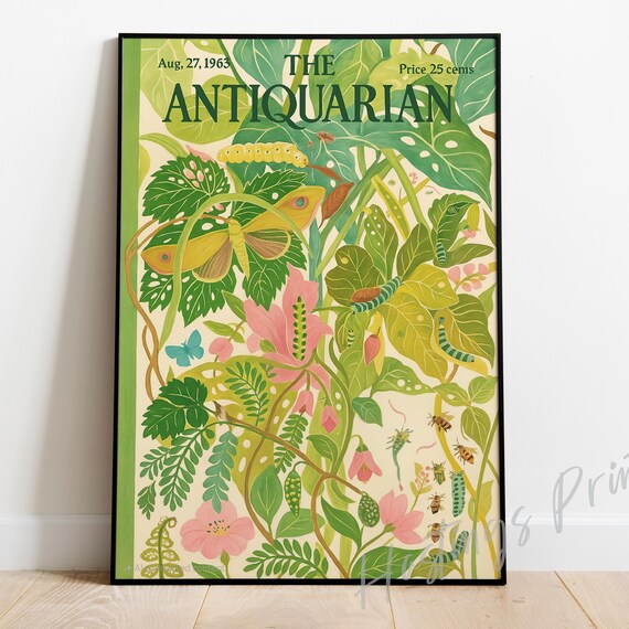 New Yorker Style Vintage Magazine Cover The Antiquarian Collectible Print Botanical Bugs