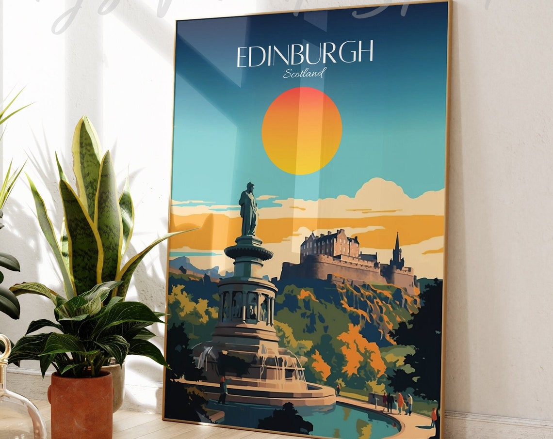 Edinburgh Scotland Vintage Travel Poster Castle Sunset Monument View