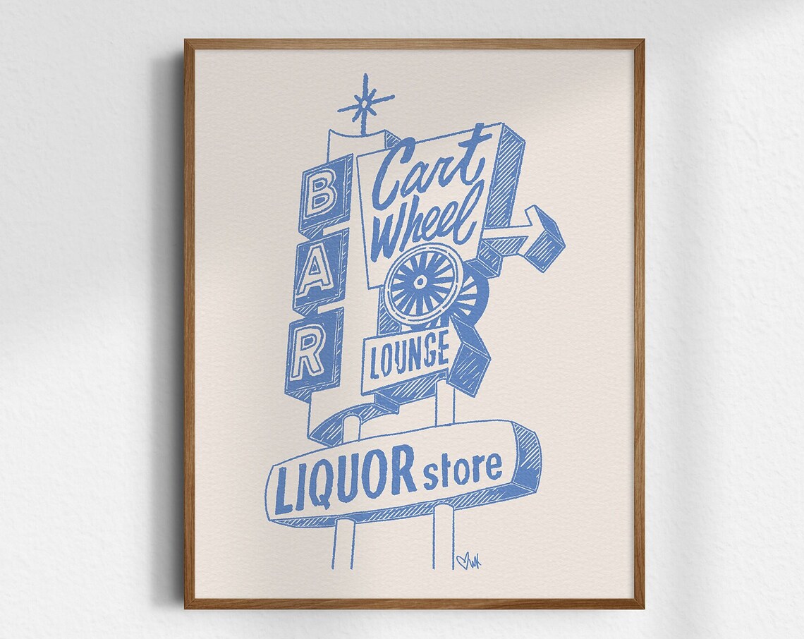 Cart Wheel Bar Lounge Liquor Store Retro Vintage Neon Sign Poster