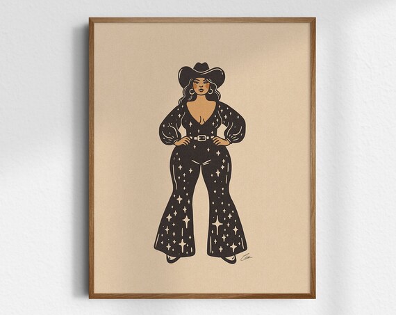 Disco Glitter Cowgirl Black Star Jumpsuit Retro Western Poster