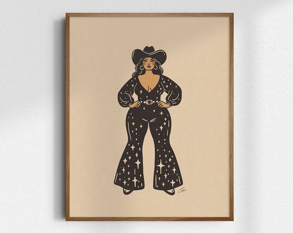 Disco Glitter Cowgirl Gicle Fine Art Print Western Vintage Retro Wall Unframed