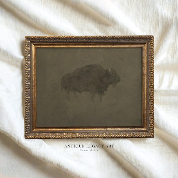 Vintage Dark Minimalist Buffalo Print Moody Western Bison Painting Wall Art Southwest Country Green Decor Rustic Animal