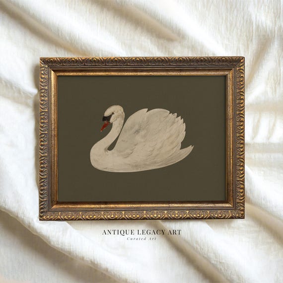 Vintage White Swan Watercolor Painting Modern Minimalist Bird Wall Art Rustic Farmhouse Green Decor