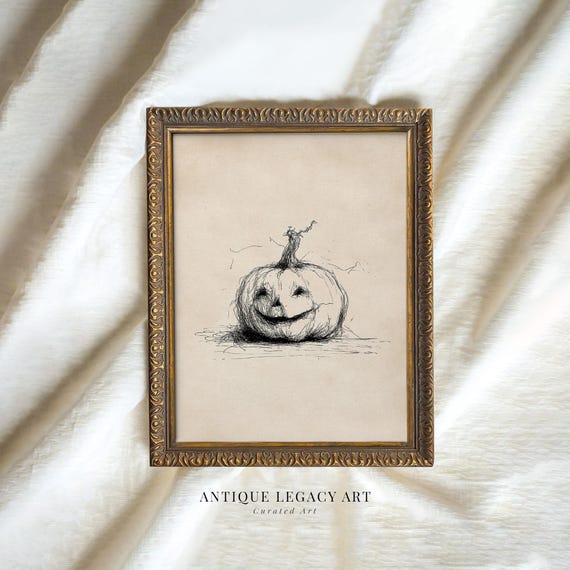 Funny Jack O Lantern Ink Sketch Print Halloween Pumpkin Line Drawing Wall Art Vintage Spooky Fall Kitchen Decor