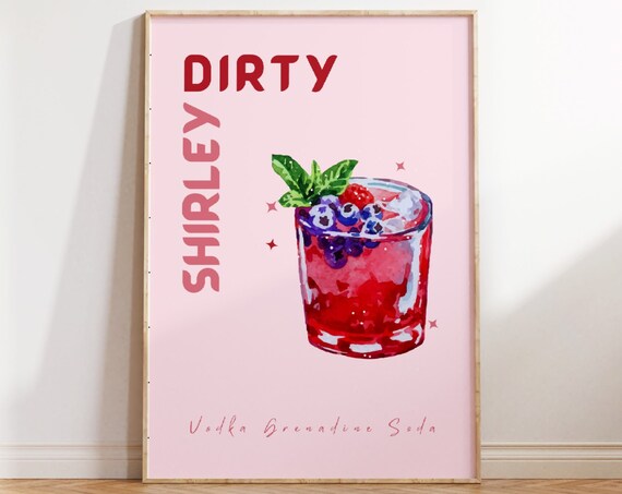 Dirty Shirley Cocktail Recipe Bar Cart Pink Watercolor Drink Art Print