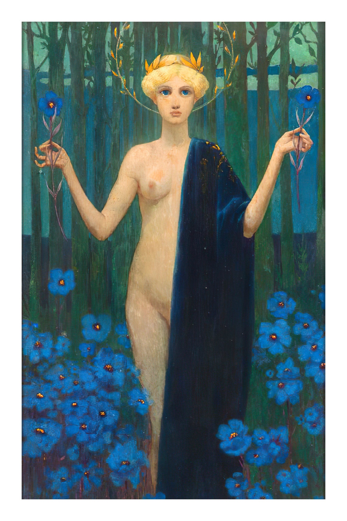 Vintage Nude Woman Holding Blue Flowers Fine Art Print Retro Moody Print Flower Wall Art 2 Sizes - Image 2