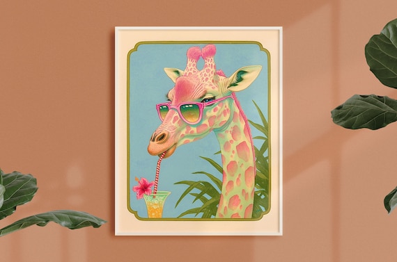Giraffe With Pink Sunglasses Sipping a Tropical Cocktail Poster
