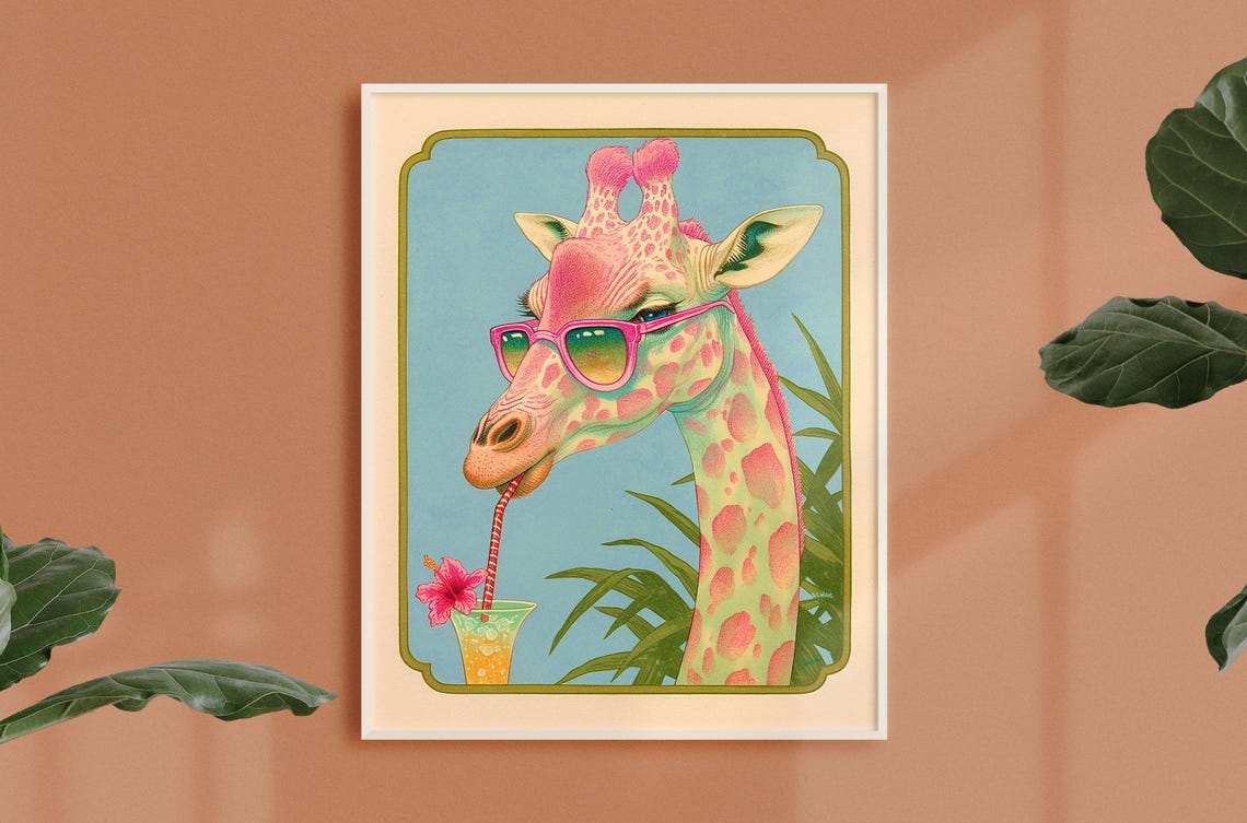 Giraffe With Pink Sunglasses Sipping a Tropical Cocktail Poster