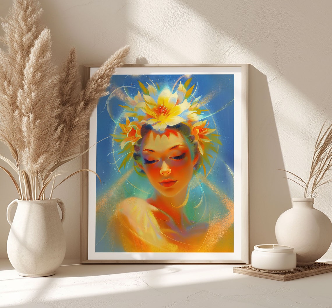 Spring Goddess Portrait Wearing a Yellow Lily Crown Ethereal Poster