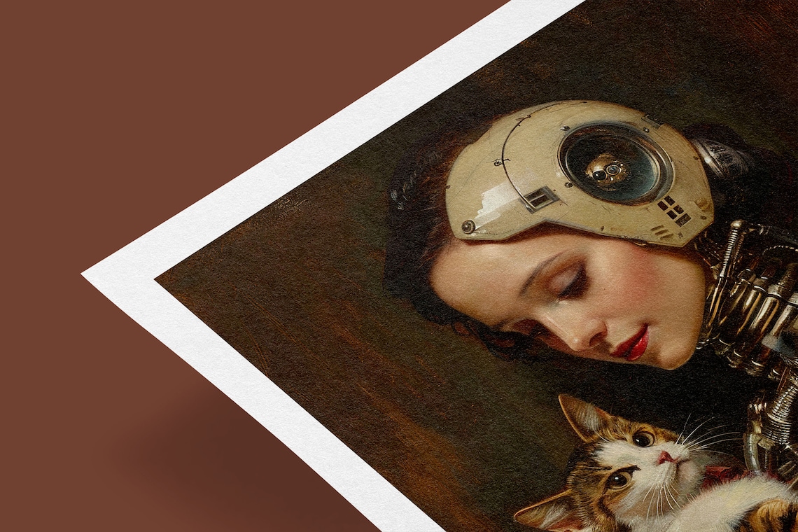 Vintage Steampunk Robot Woman Holding Cat Art Print - Image 2