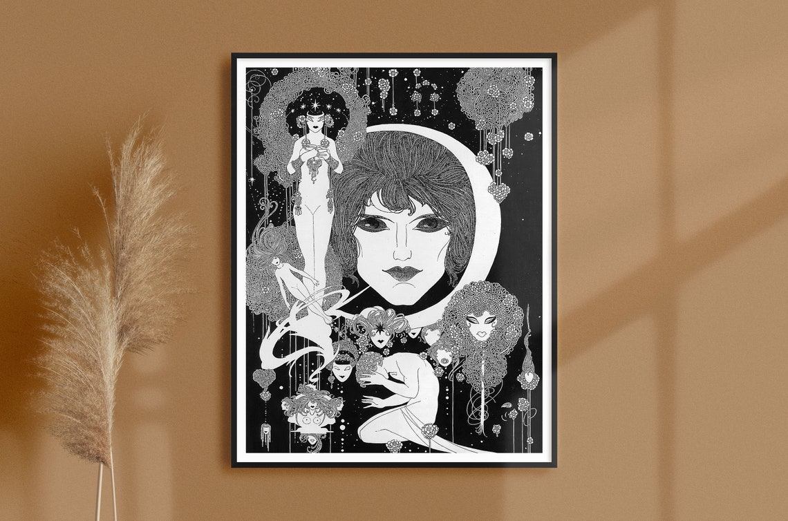 John Austen Style Crescent Moon Woman With Nymphs Art Poster