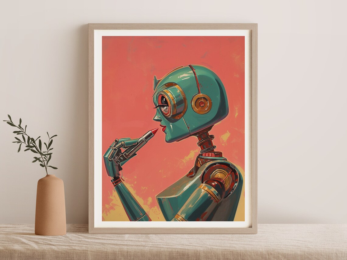 Vintage Robot Woman Applying Lipstick Art Print - Image 3