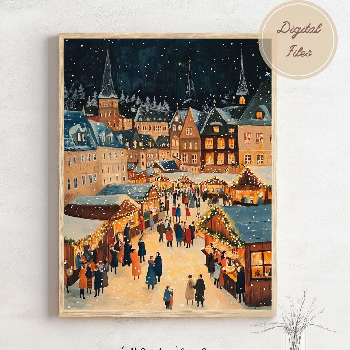 European Christmas Market At Night In A Snowy Old Town Poster