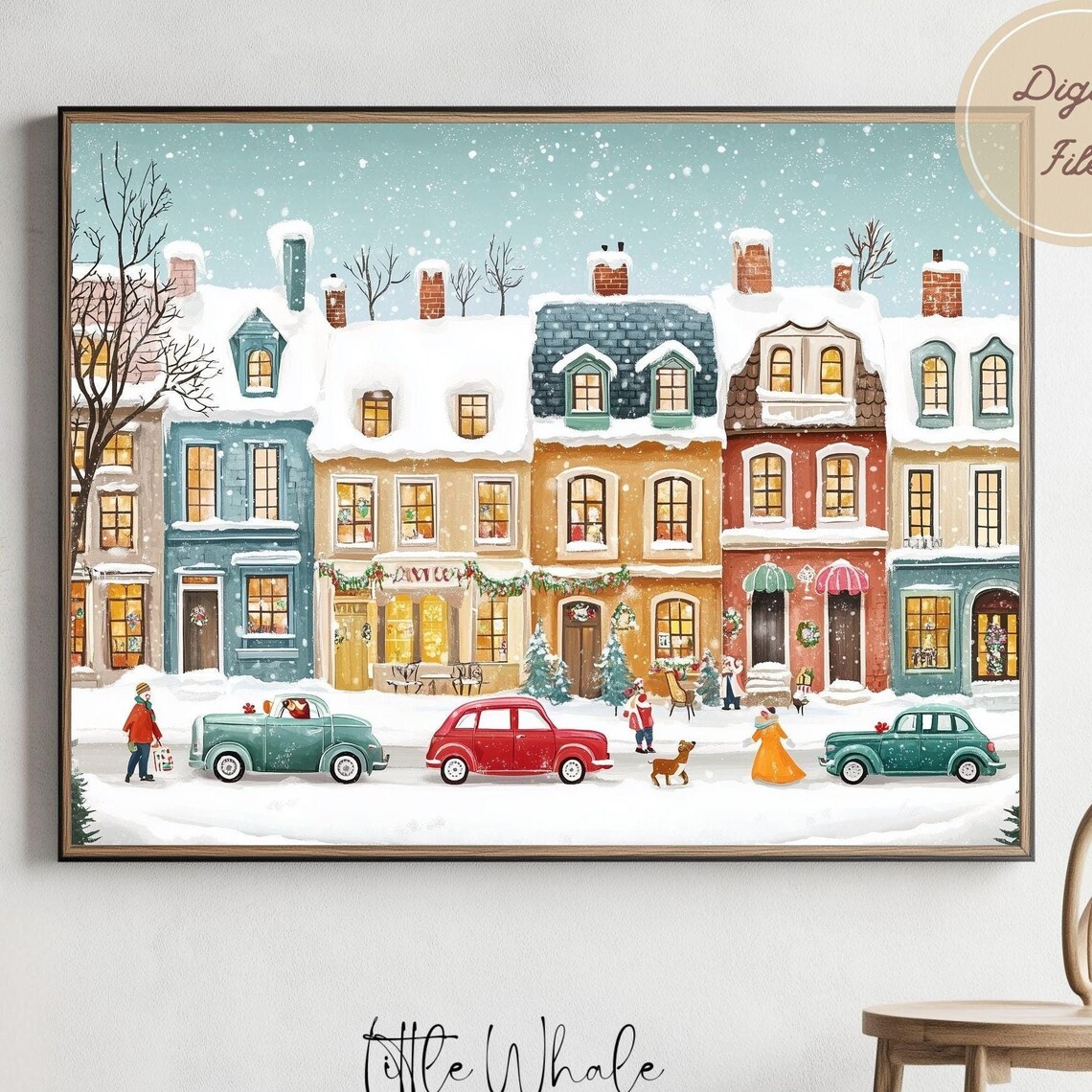 Snowy Vintage Main Street With Classic Cars Holiday Town Poster