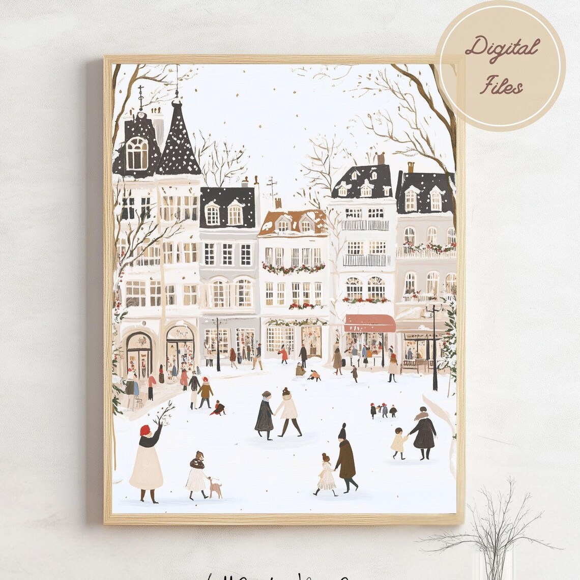 Snowy European City Square With Shoppers Festive Winter Day Poster