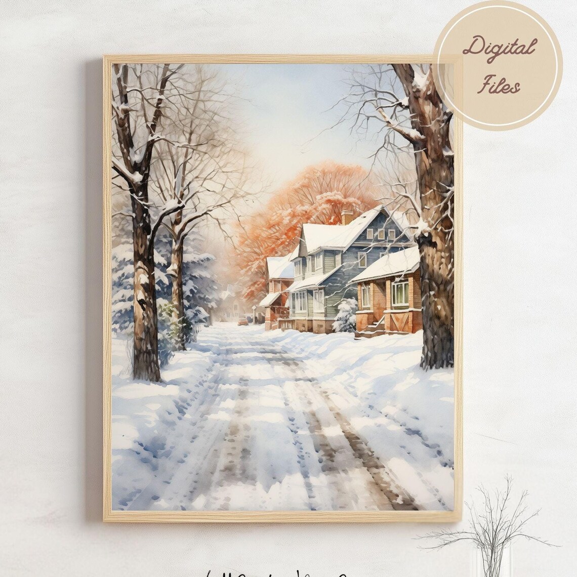 Snowy Village Street Watercolor with Cozy Houses Winter Art Print