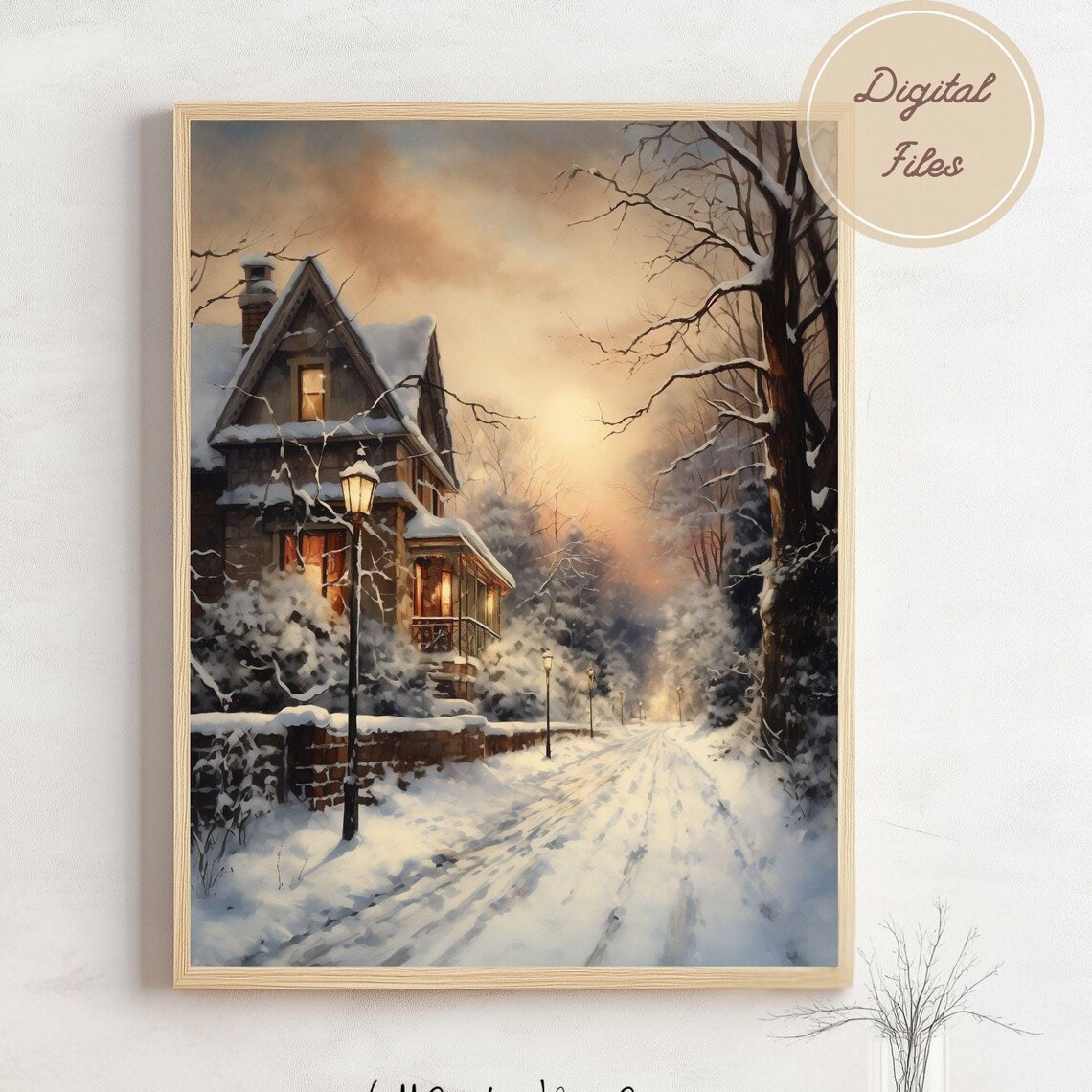 Victorian House at Sunset with Lamppost Snowy Street Art Print