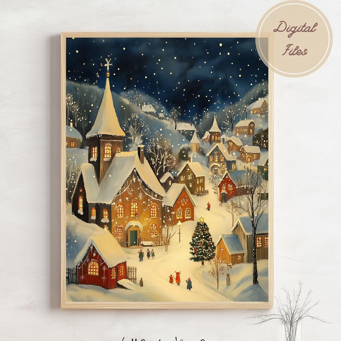 Christmas Village Night Scene with Church and Starlit Tree Poster
