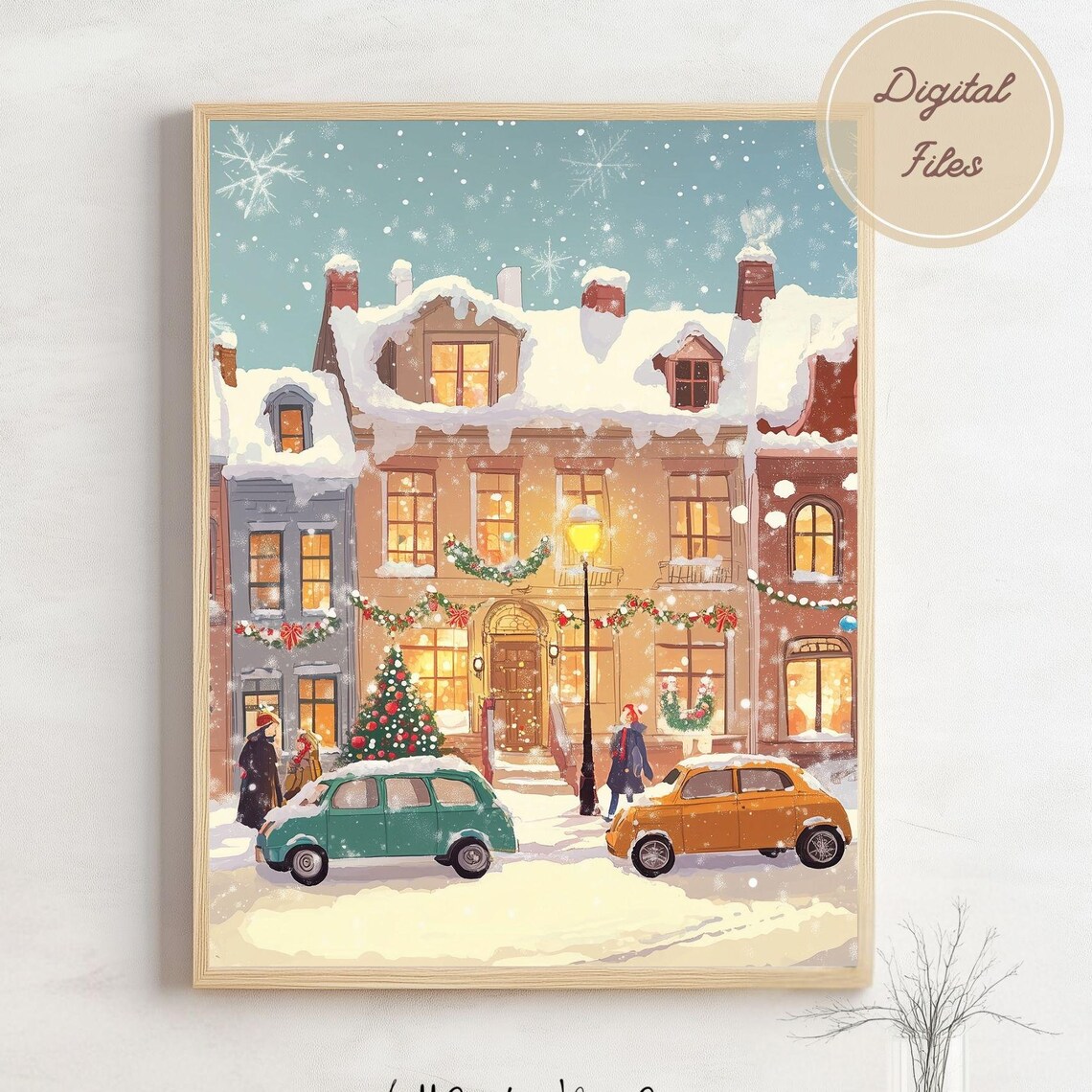 Snowy European Street with Vintage Cars and Christmas Garlands Poster