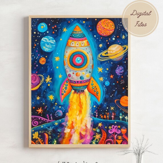 Colorful Rocket Ship Launching Through A Cosmic Starry Space Poster