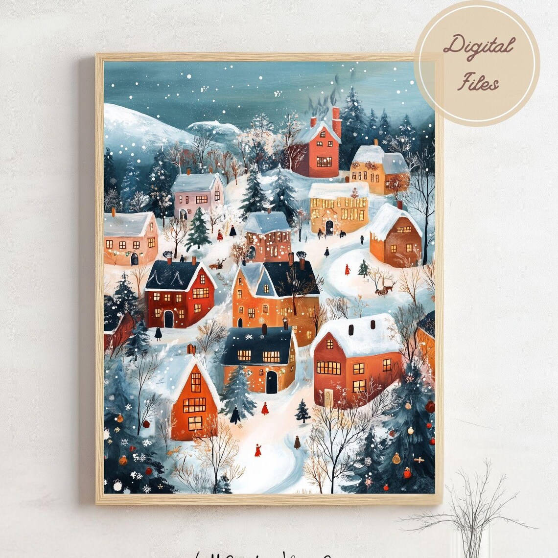 Snowy Christmas Village With Red Cottages Aerial Winter Town Poster