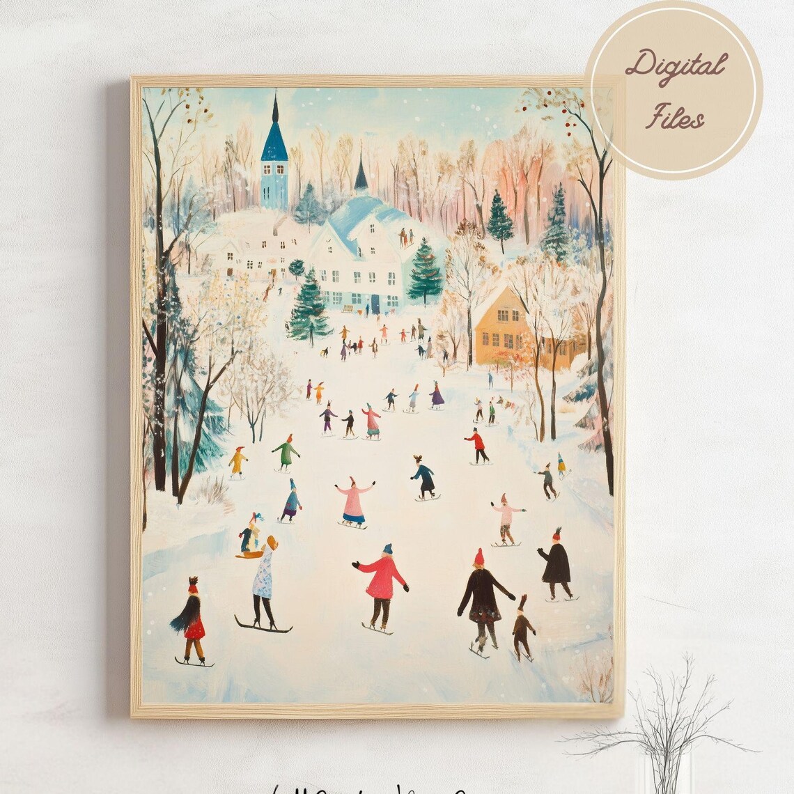 Charming Winter Ice Skaters Frozen Pond Village Vintage Poster - Image 4