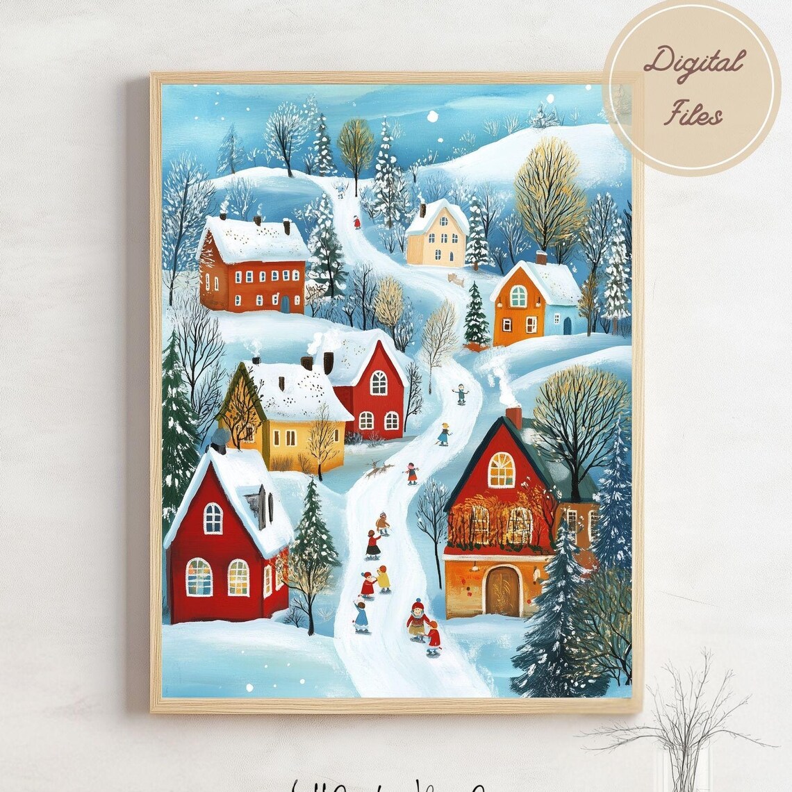 Snowy Christmas Village With Children Cozy Winter Night Poster - Image 3