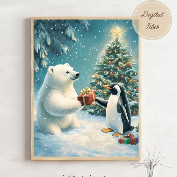 Polar Bear And Penguin Wall Art Funny Holiday Gift Cute Animal Illustrations For Home Decor Christmas Print Presents Exchange