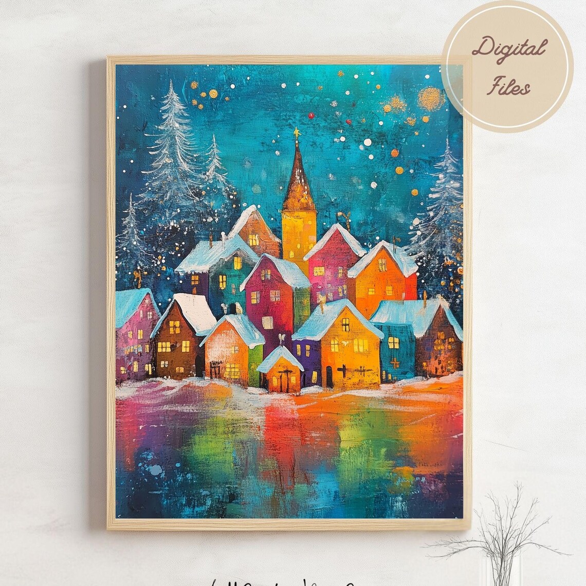 Colorful Christmas Town at Night Snowy Houses Abstract Poster