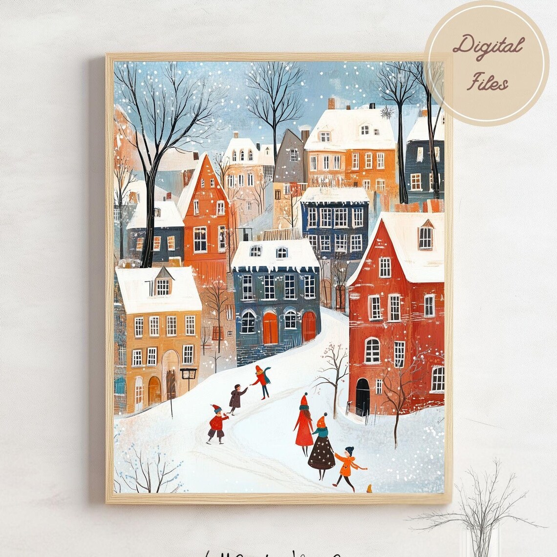 Snowy Christmas Village Kids Playing Among Colorful Houses Wall Art