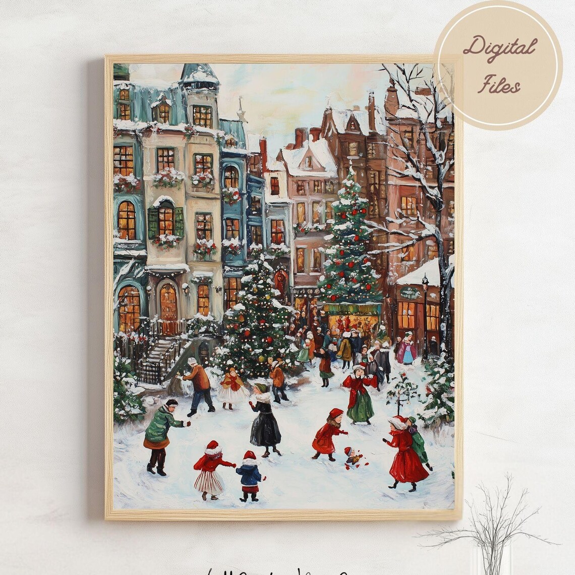 Snowy Old Town Square with Christmas Trees and Skaters Painting Poster