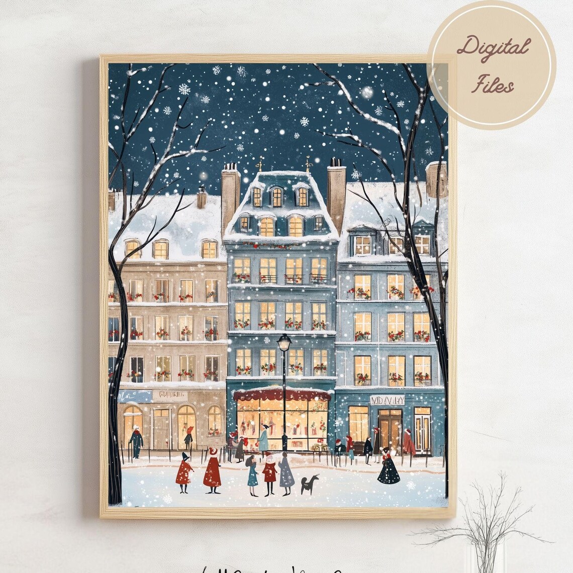 Retro Parisian Street In Snow At Night Vintage Winter City Poster