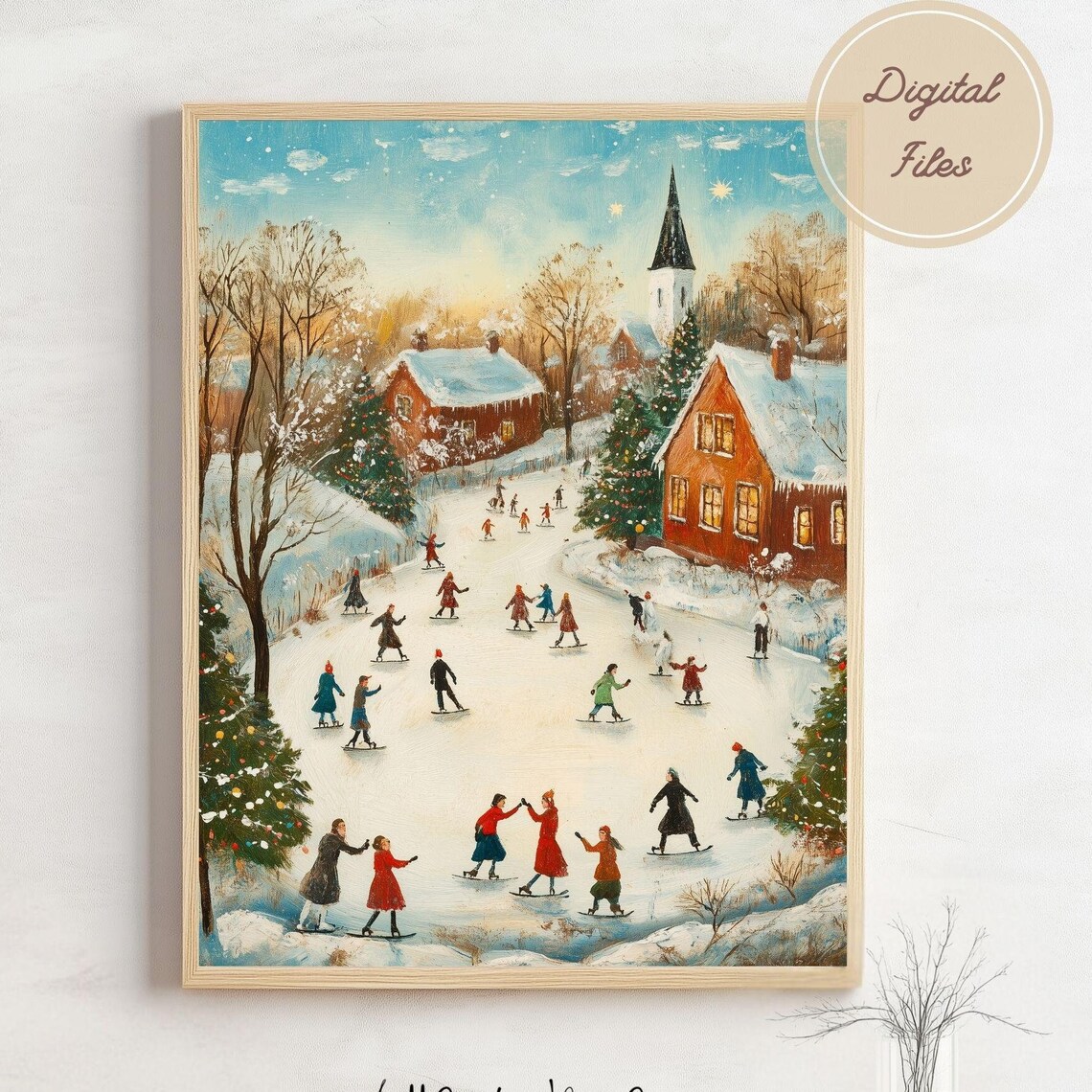 Daytime Ice Skating Pond With Village Church Winter Scene Poster - Image 3