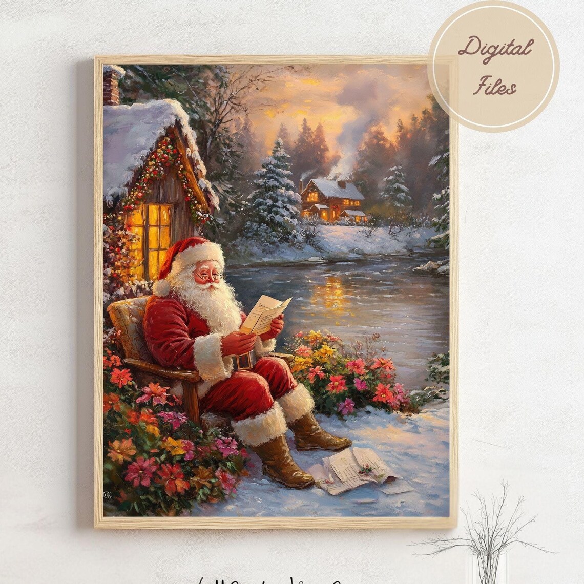 Santa Claus Reading Letters by a Snowy Lake at Sunset Painting Poster