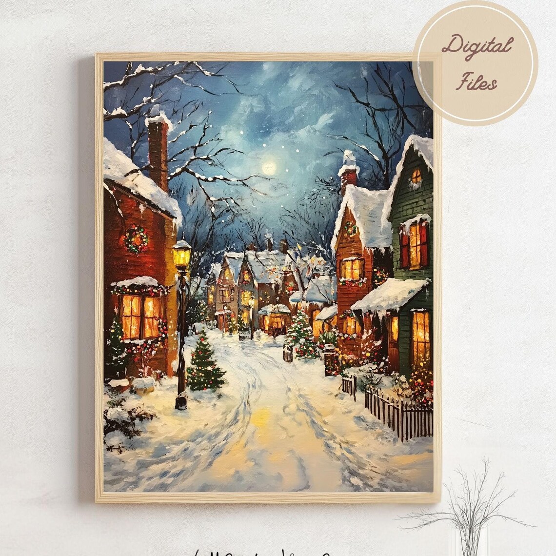 Cozy Snowy Village Street At Night With Glowing Windows Winter Art Poster