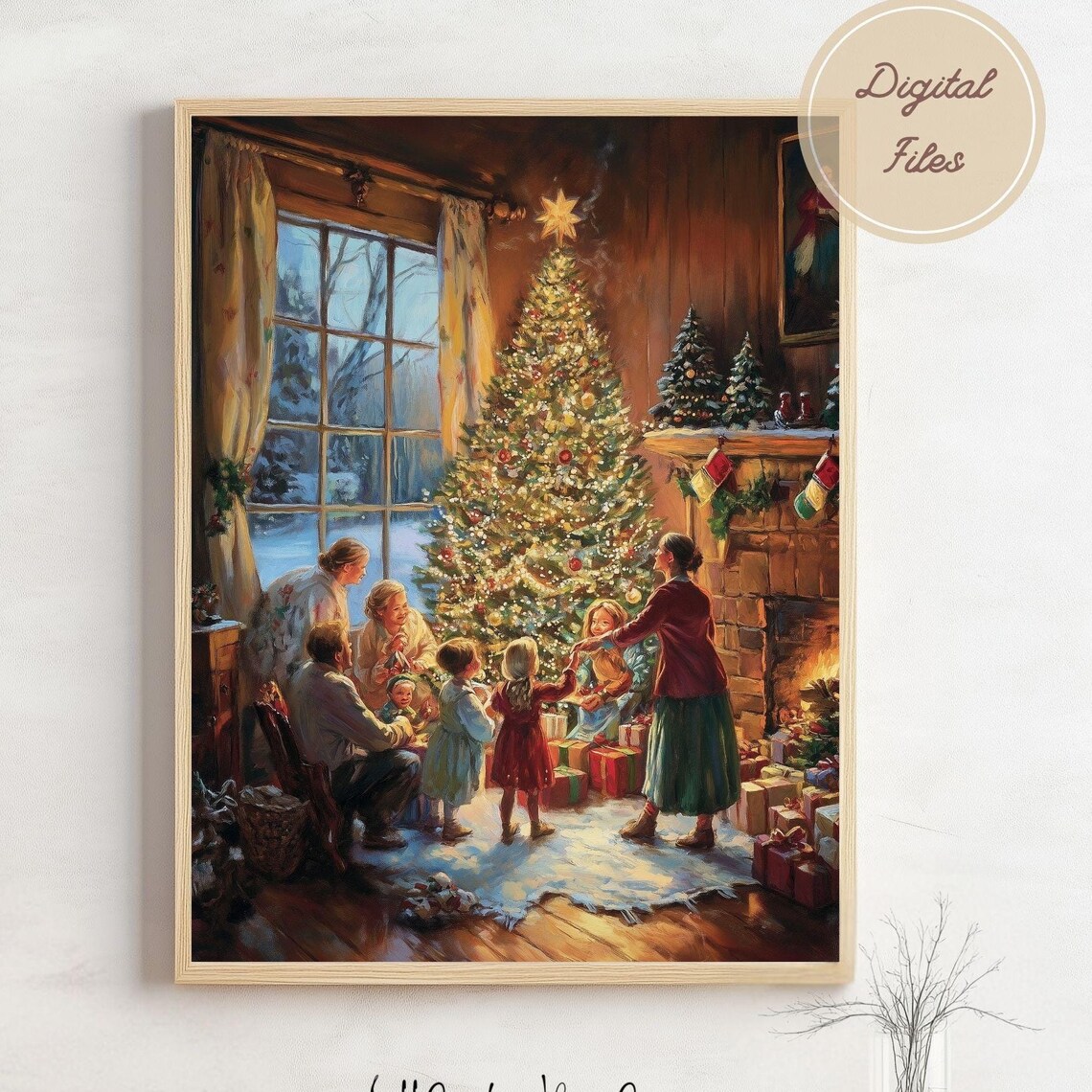 Family Gathered Around Christmas Tree by the Fireplace Painting Poster