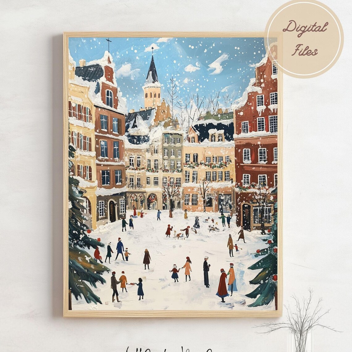 Snowy Old Town Square with Church Tower and Christmas Crowds Poster