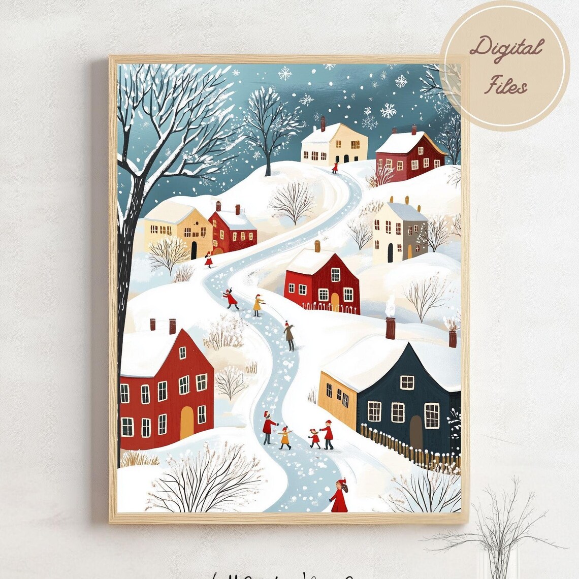 Snowy Hillside Village Folk Art Scene with Sledders and Skaters Poster