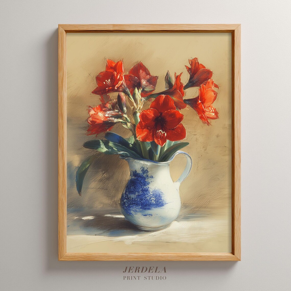 Red Amaryllis Flowers in Blue White Jug Still Life Print Vintage Floral Decor