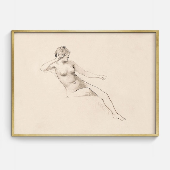 Vintage Reclining Nude Figure Charcoal Sketch Classic Woman Art Print