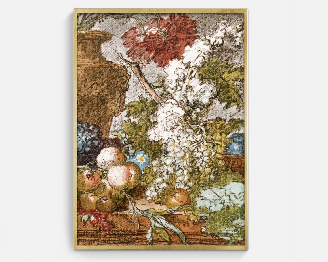 Floral Fruit Still Life Vintage Tabletop Abundance Oil Painting Poster