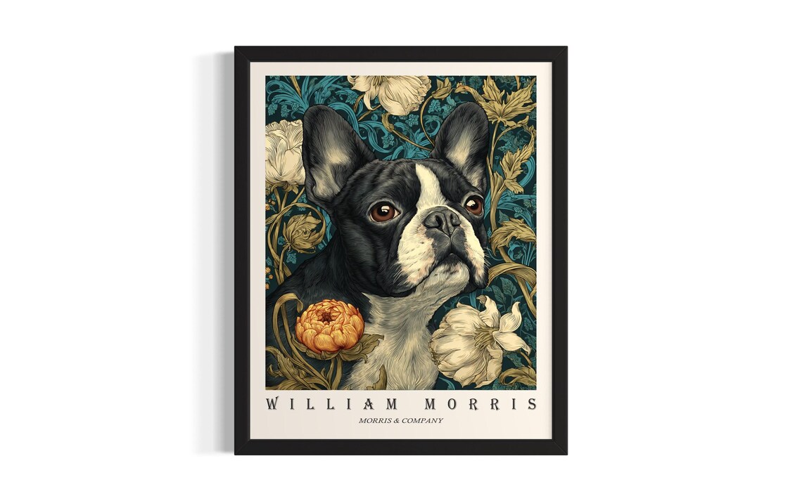 Black and White French Bulldog William Morris Floral Portrait Poster