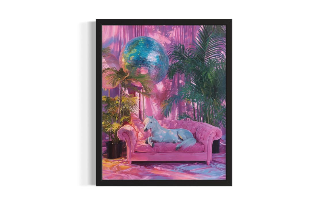White Horse Lounging on Pink Velvet Sofa with Disco Ball Party Poster