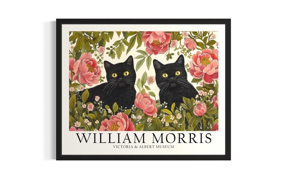 William Morris Black Cat Pair Among Pink Peonies Vintage Art Poster